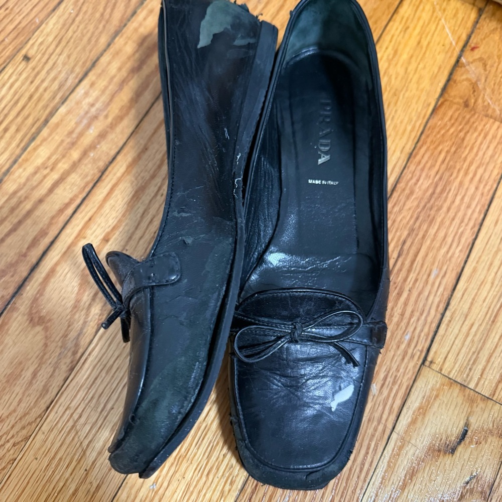 Prada Black Leather Bow Loafers